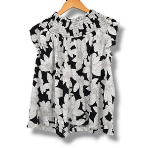 Crown & Ivy Women's Smock Neckline Flutter Sleeve Blouse Black‎ White Size XXL